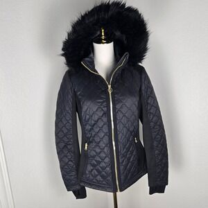 Michael Kors Women Black Quilted Puffer Jacket Hooded Faux Fur Trim Gold Logo M
